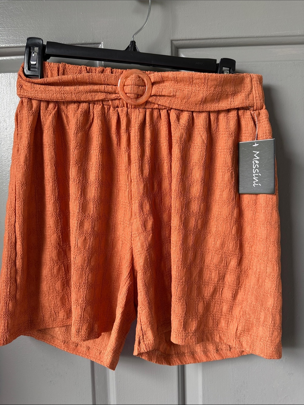 Messini Orange Textured Belted Bermuda Shorts